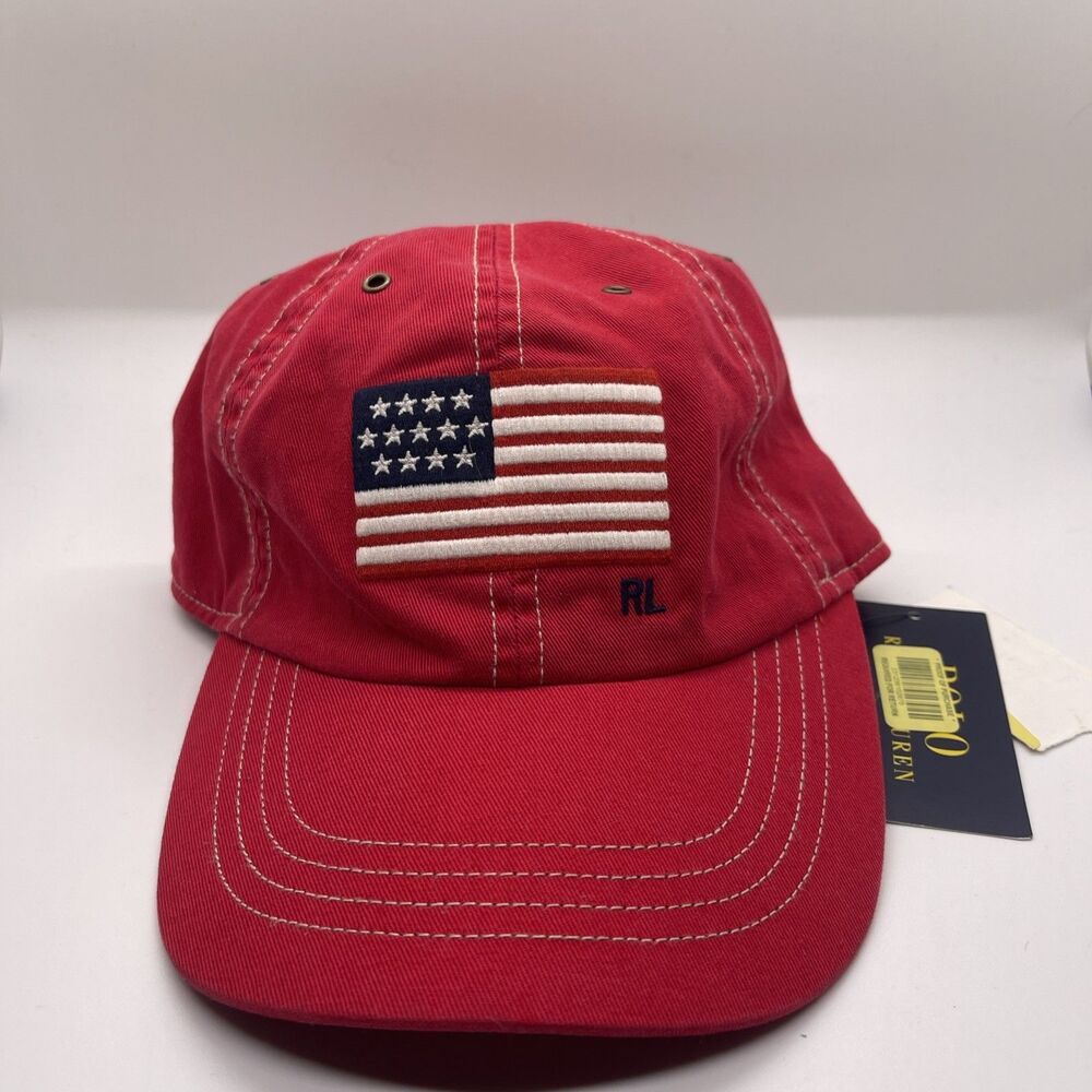 Ralph Lauren By Polo A Red American Flag Hat  NWT with leather Adjustable Strap